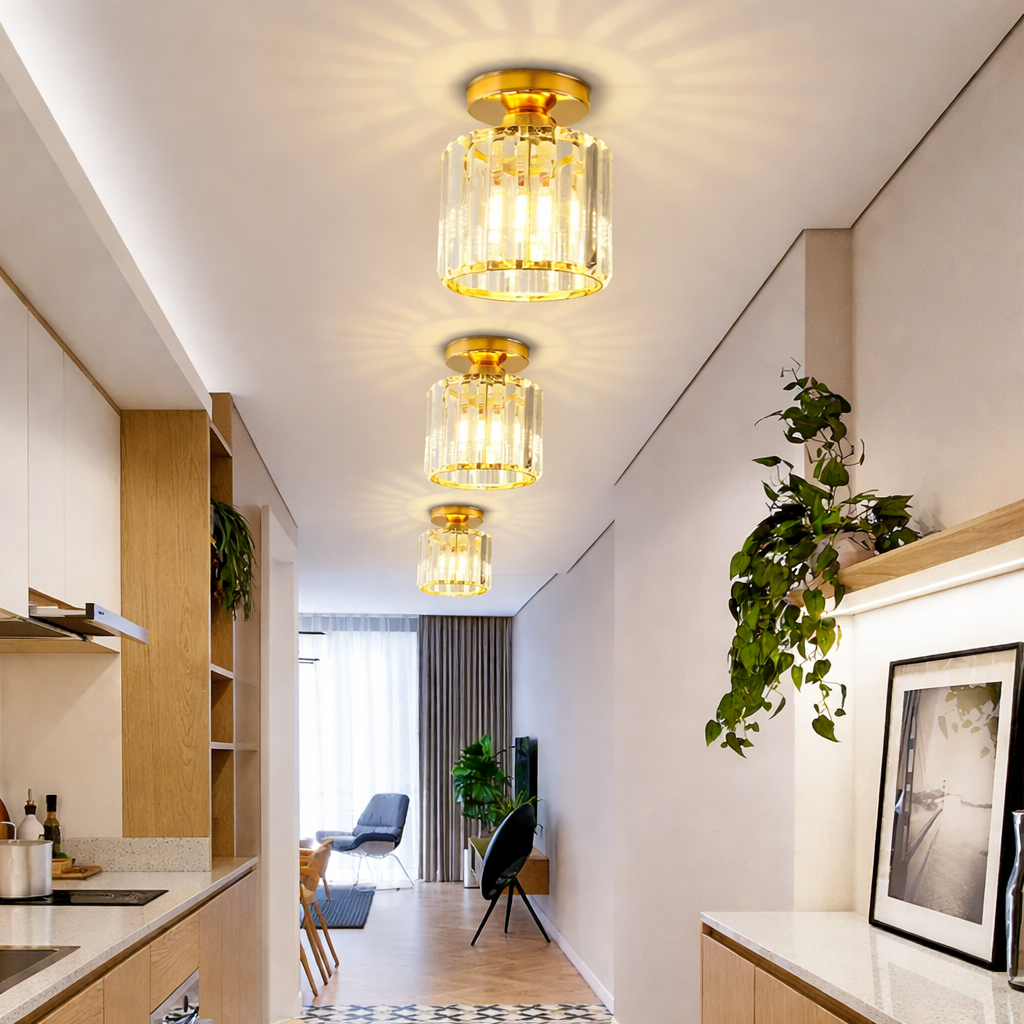 Plafon de Teto Cristalino — Elegância Compacta para Hall, Corredor e Varanda