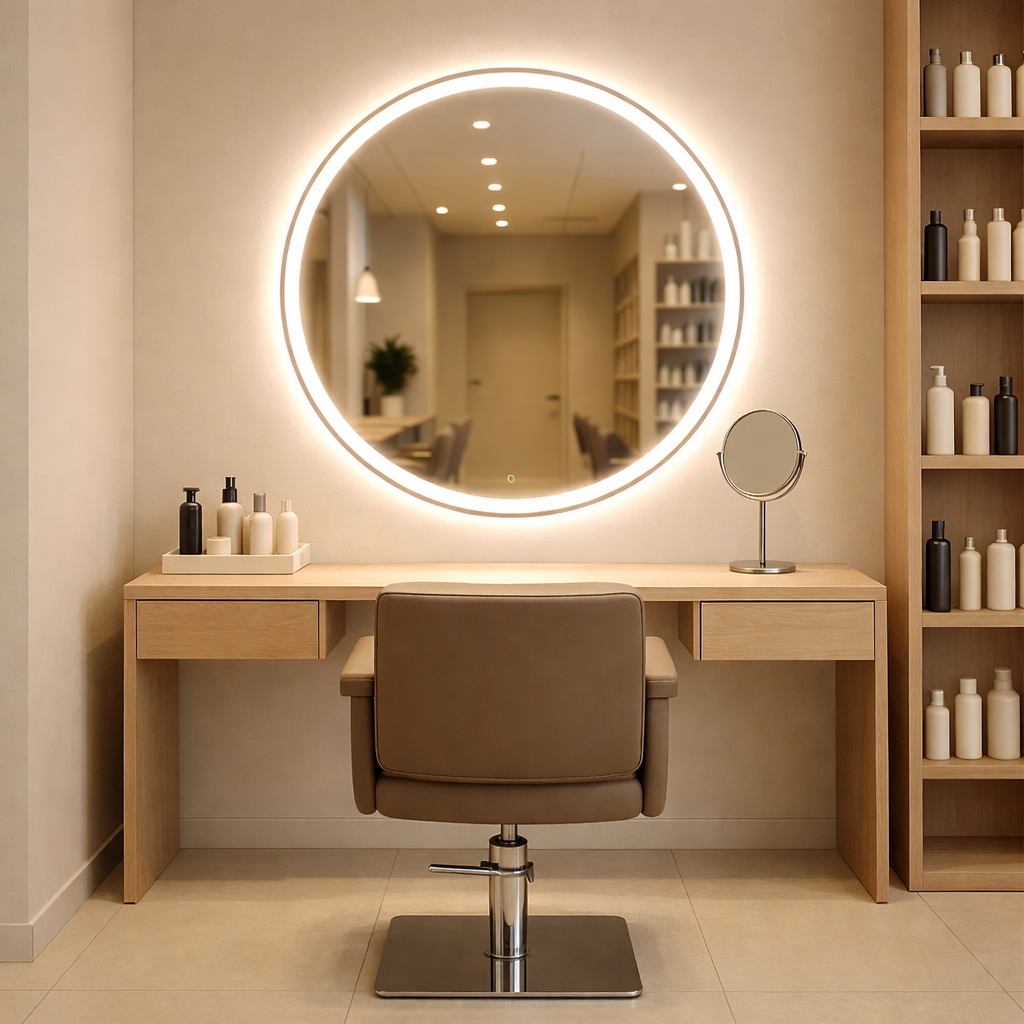 Espelho Redondo Jateado 50×50 cm com LED — 3 Cores, Touch e Bivolt