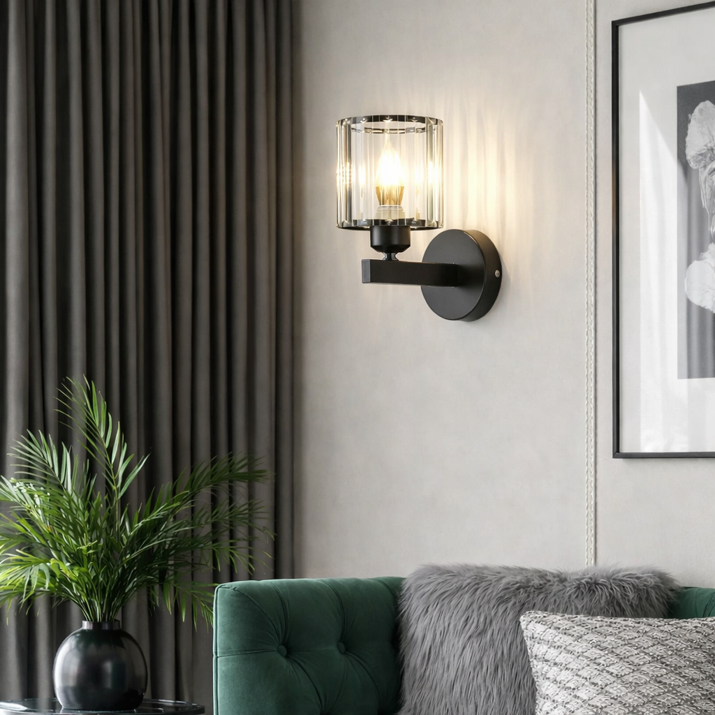 Arandela de Parede Cristal Prime — E27 (Preto ou Dourado) + Lâmpada 4W Inclusa