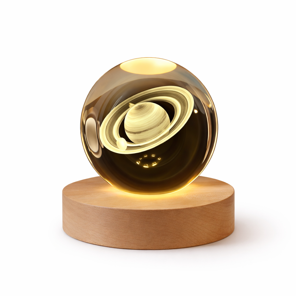 Luminária Orbe Astral 3D — LED Decorativo com Base em Madeira