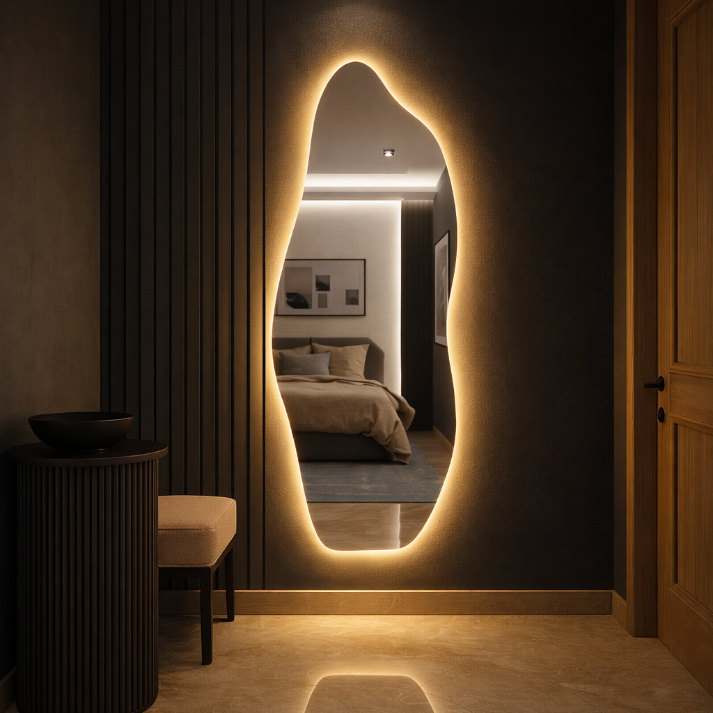 Espelho Flame 170×70 com LED — Formato Orgânico, Borda Lapidada