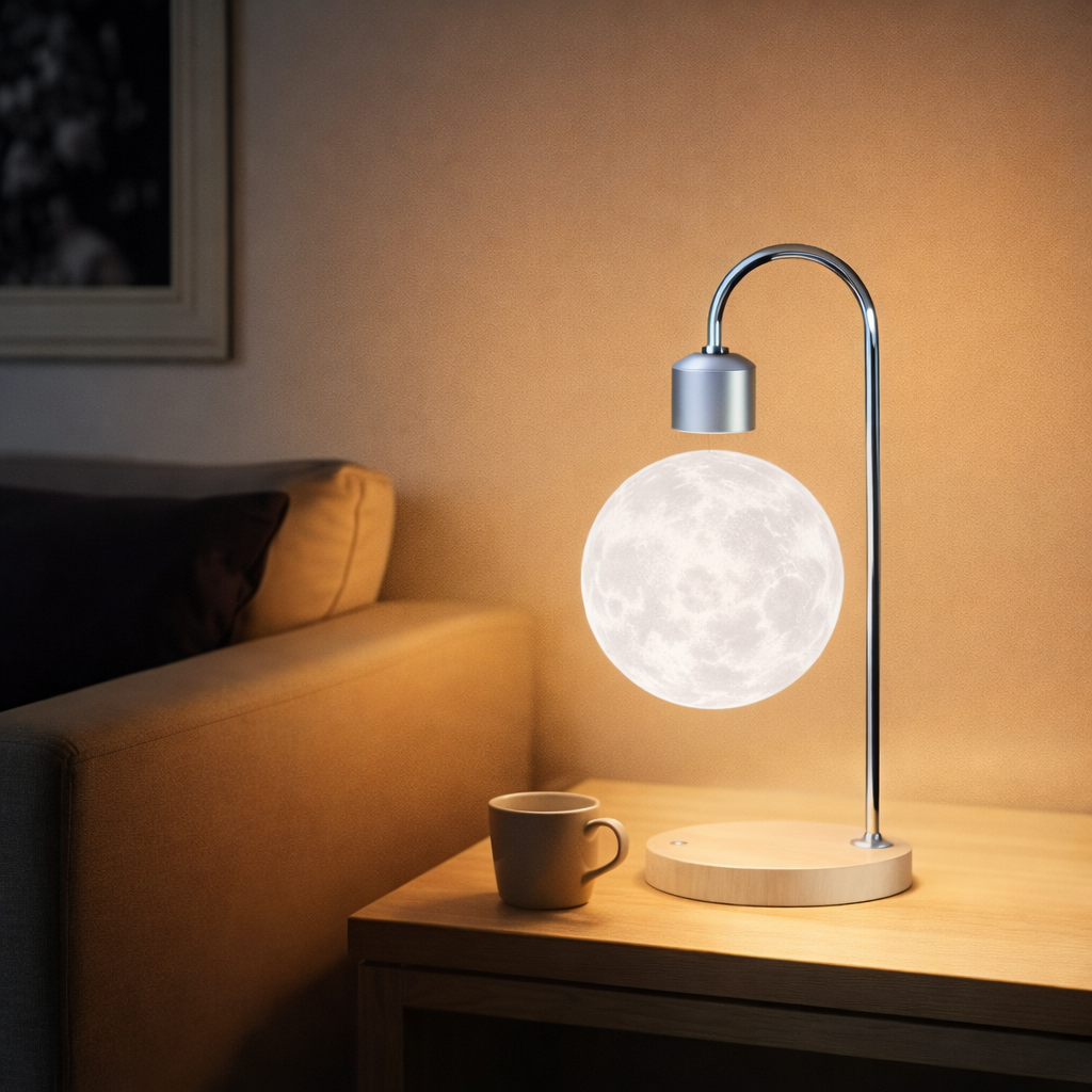 Luminária Lua Levitante Magnética — LED 3D com Rotação 360° e Base com Carregamento sem Fio