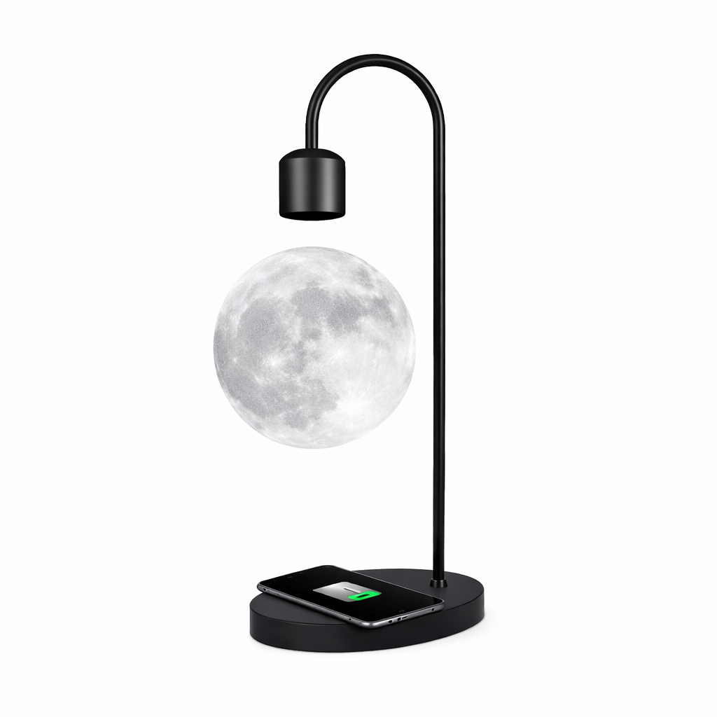 Luminária Lua Levitante Magnética — LED 3D com Rotação 360° e Base com Carregamento sem Fio