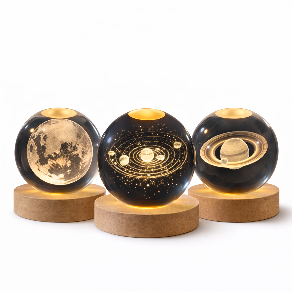 Luminária Orbe Astral 3D — LED Decorativo com Base em Madeira