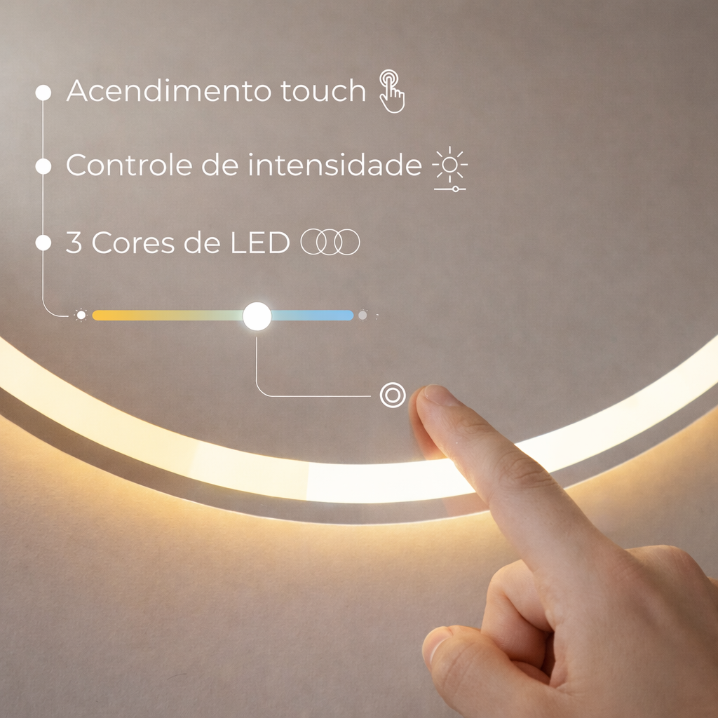 Espelho Redondo Jateado 50×50 cm com LED — 3 Cores, Touch e Bivolt
