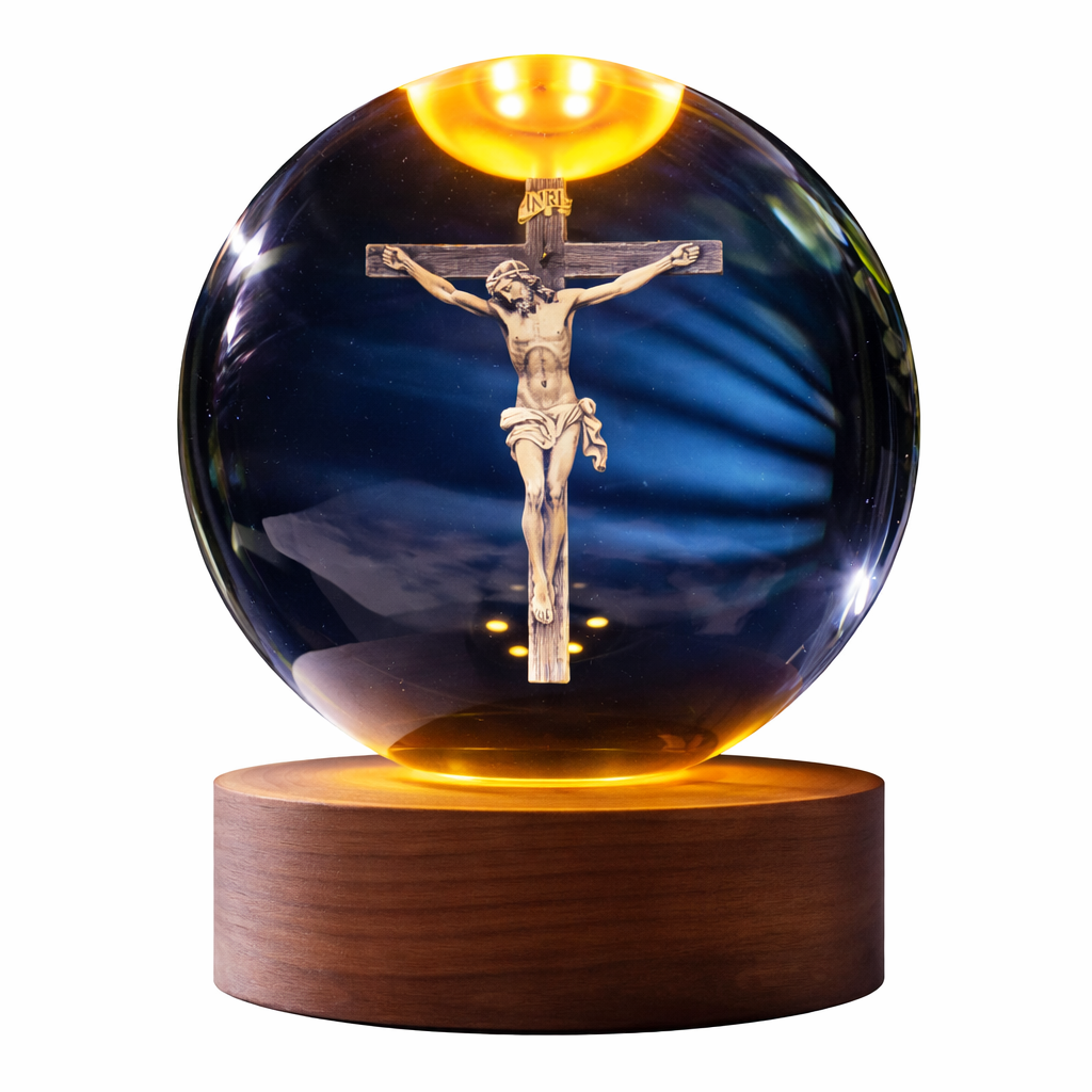 Luminária Orbe Devocional — Globo de Cristal com Base de Madeira