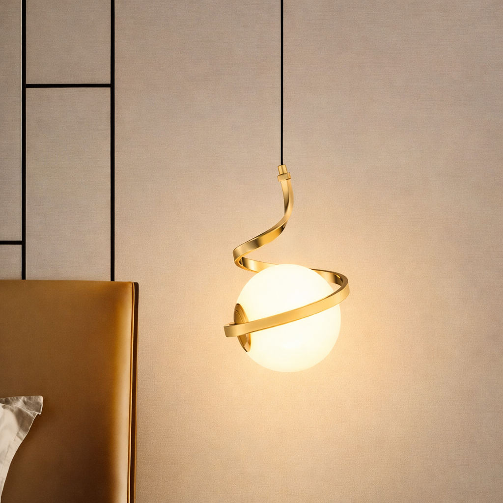 Pendente Espiral com Orbe de Vidro Dourado — LED 7W Tricolor (Bivolt)