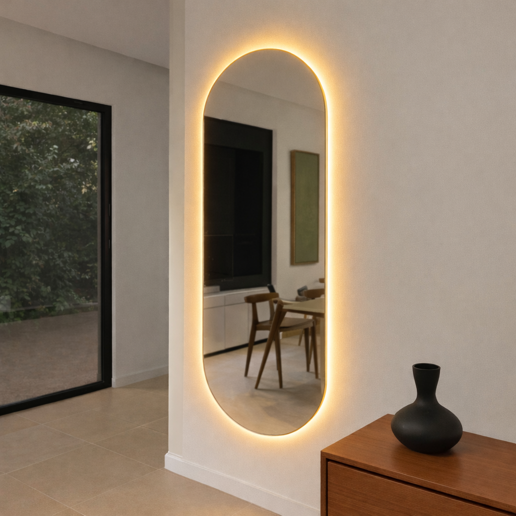 Espelho Oval com LED 150×40 cm — Elegância reta e luz profissional