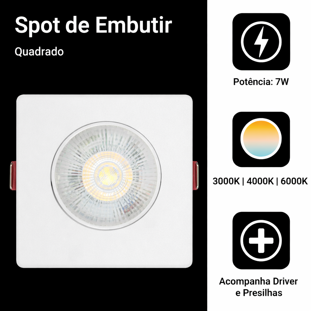 Spot LED de Embutir 7W Quadrado - (Bivolt)