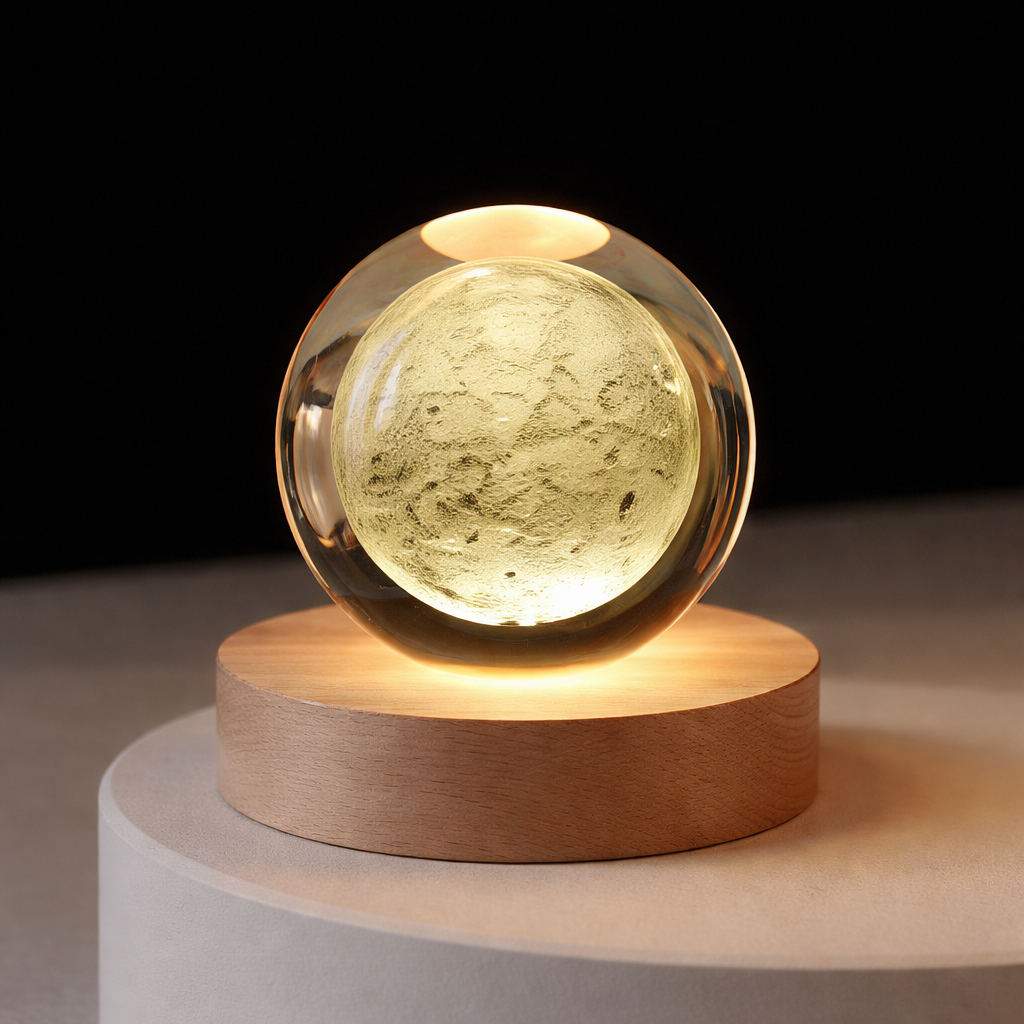 Luminária Orbe Astral 3D — LED Decorativo com Base em Madeira