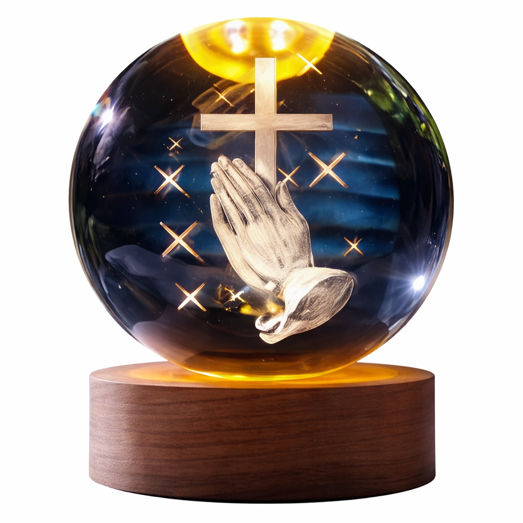 Luminária Orbe Devocional — Globo de Cristal com Base de Madeira