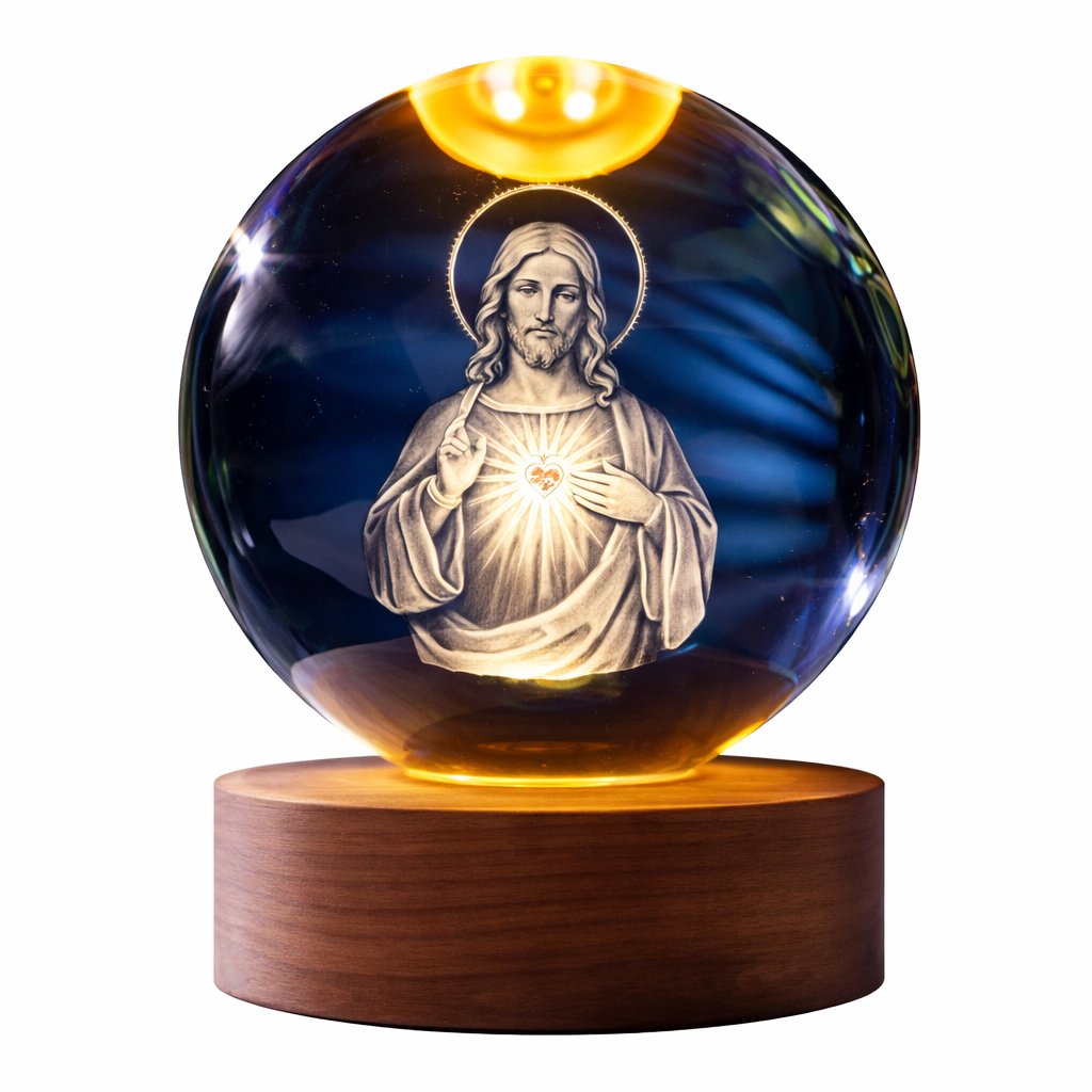 Luminária Orbe Devocional — Globo de Cristal com Base de Madeira