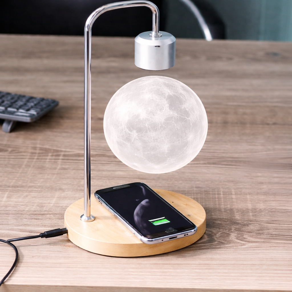 Luminária Lua Levitante Magnética — LED 3D com Rotação 360° e Base com Carregamento sem Fio