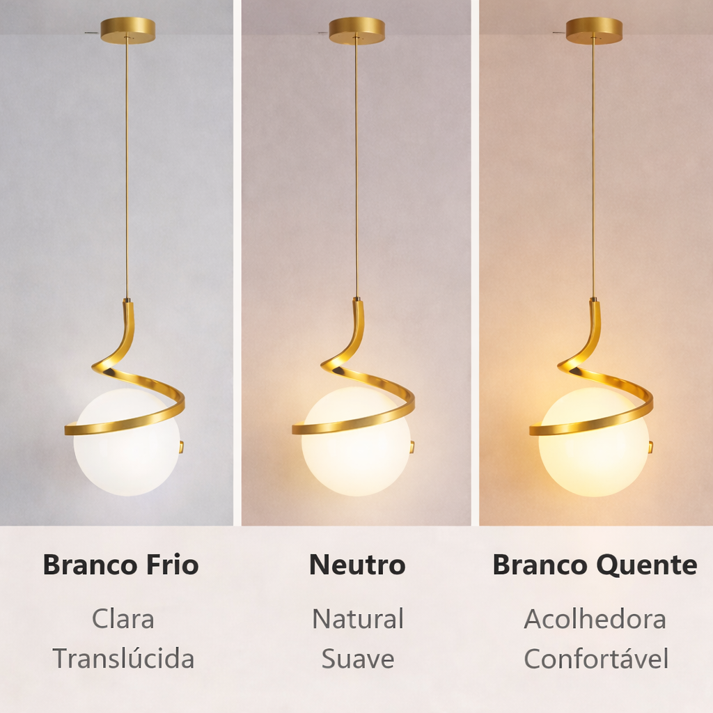Pendente Espiral com Orbe de Vidro Dourado — LED 7W Tricolor (Bivolt)
