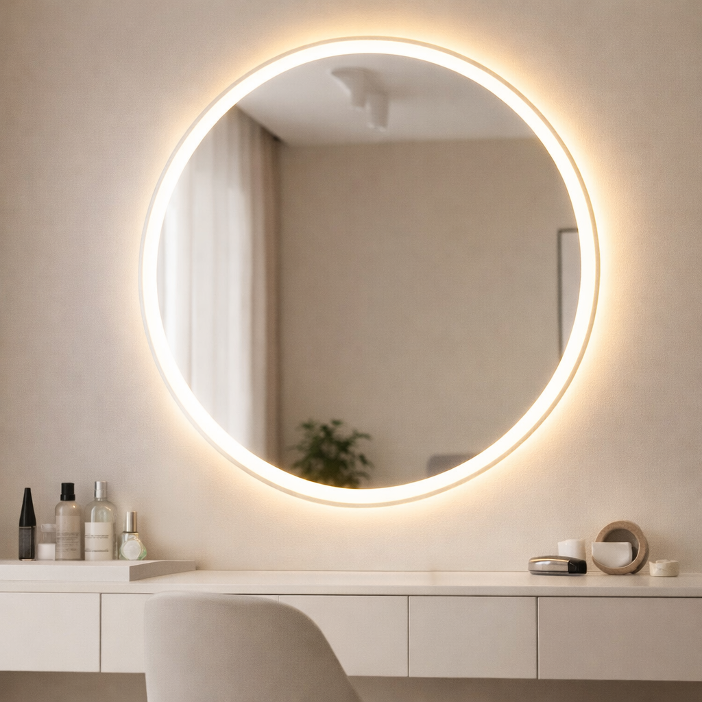 Espelho Redondo Jateado 50×50 cm com LED — 3 Cores, Touch e Bivolt