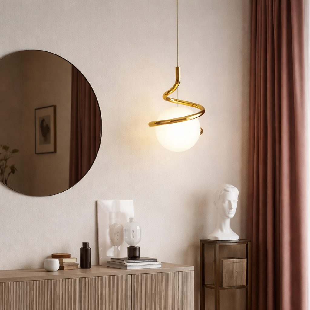 Pendente Espiral com Orbe de Vidro Dourado — LED 7W Tricolor (Bivolt)