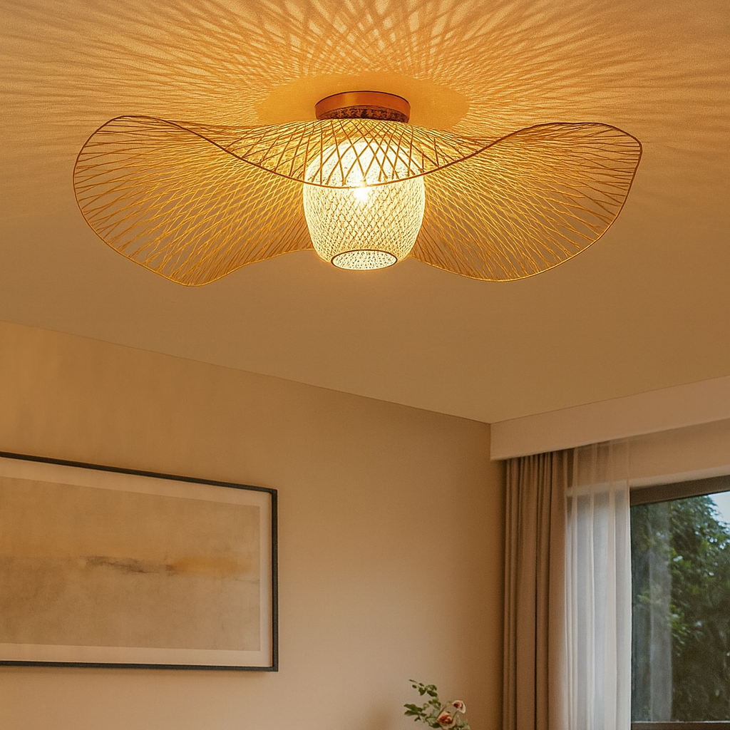 Plafon Bambu Wave — luz orgânica com desenho de sombras