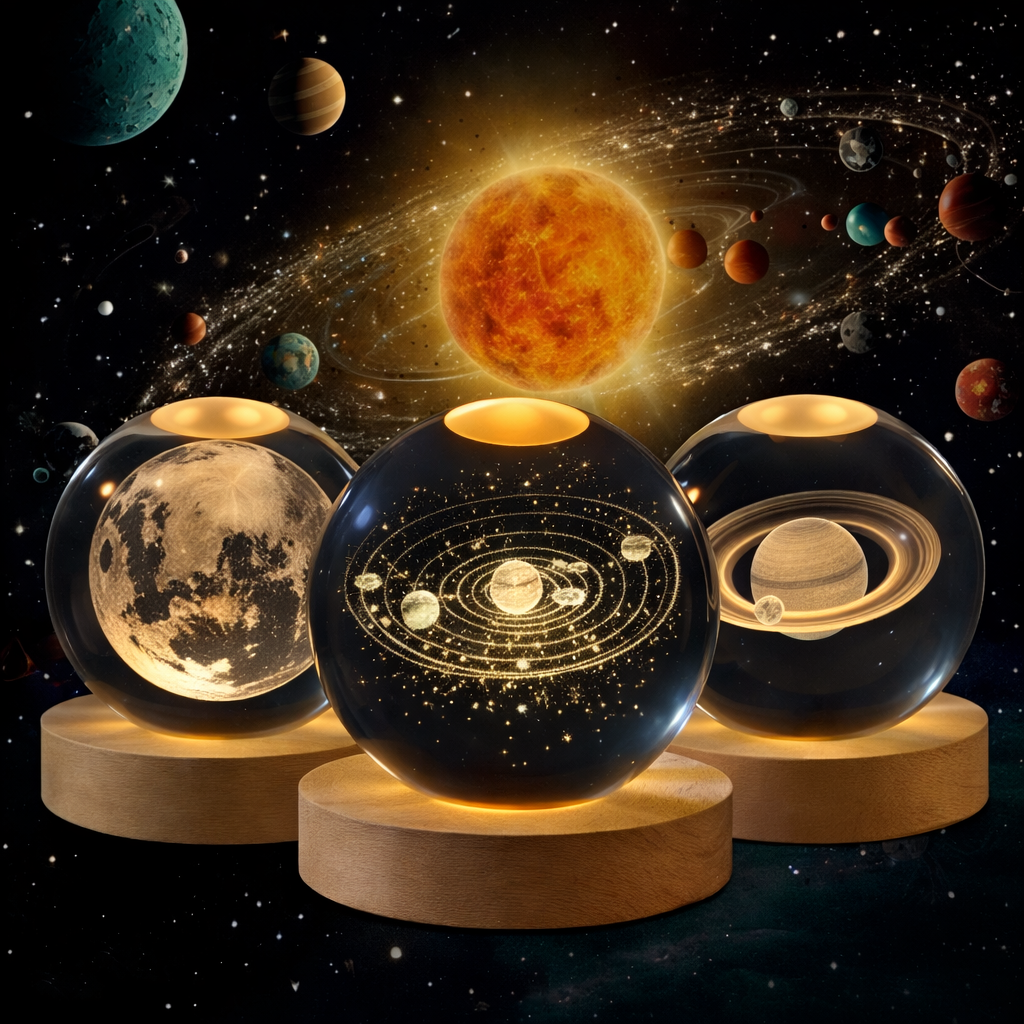 Luminária Orbe Astral 3D — LED Decorativo com Base em Madeira