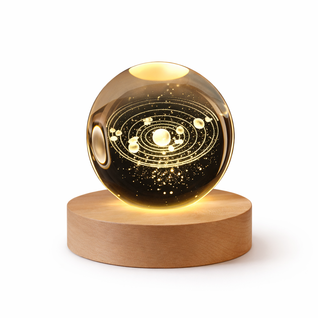 Luminária Orbe Astral 3D — LED Decorativo com Base em Madeira