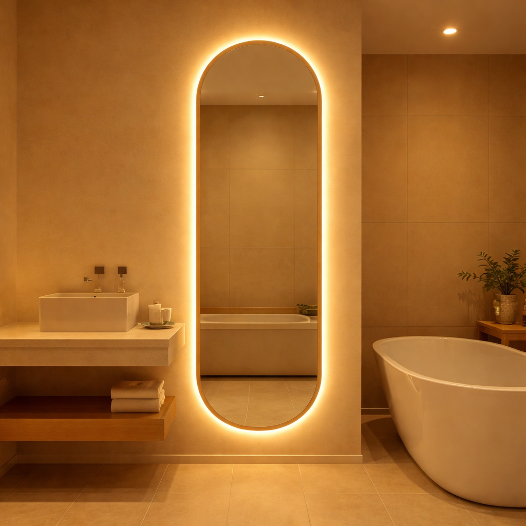 Espelho Oval com LED 150×40 cm — Elegância reta e luz profissional