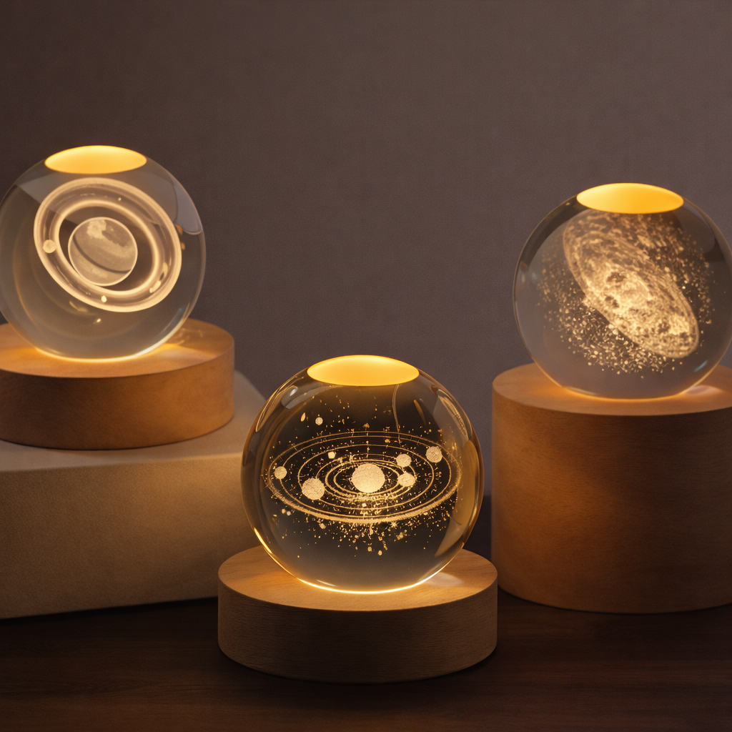 Luminária Orbe Astral 3D — LED Decorativo com Base em Madeira