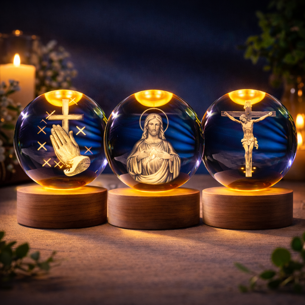 Luminária Orbe Devocional — Globo de Cristal com Base de Madeira