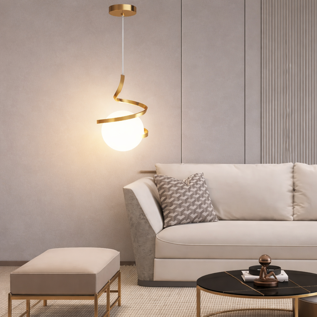 Pendente Espiral com Orbe de Vidro Dourado — LED 7W Tricolor (Bivolt)