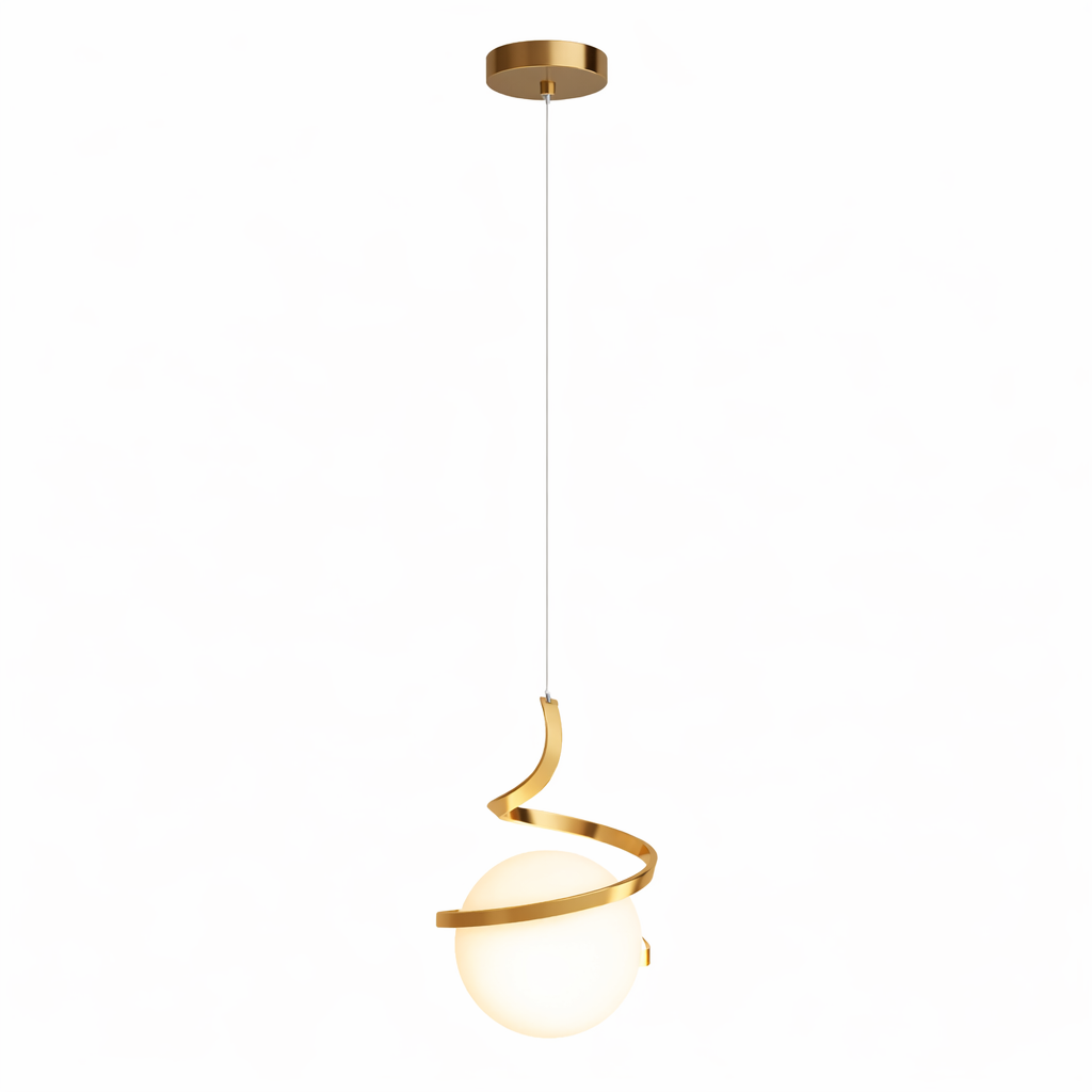 Pendente Espiral com Orbe de Vidro Dourado — LED 7W Tricolor (Bivolt)