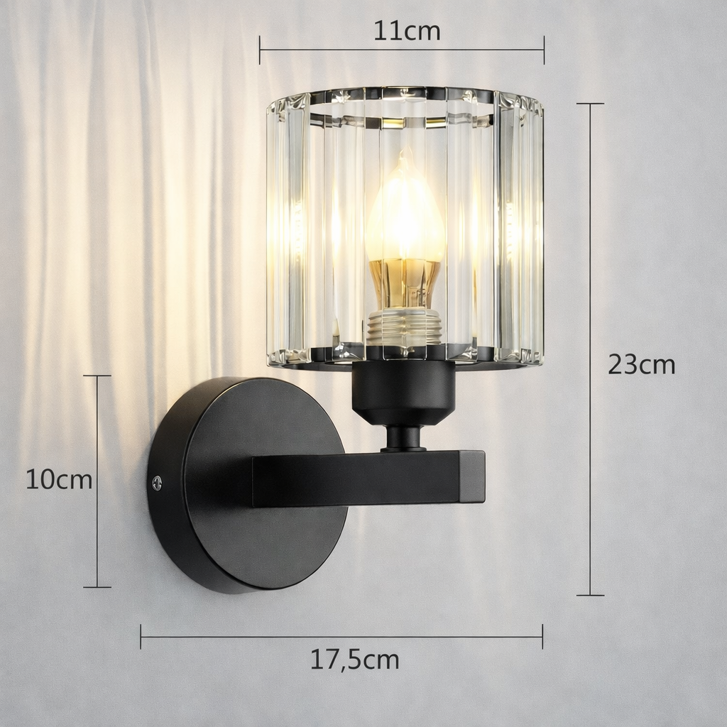 Arandela de Parede Cristal Prime — E27 (Preto ou Dourado) + Lâmpada 4W Inclusa