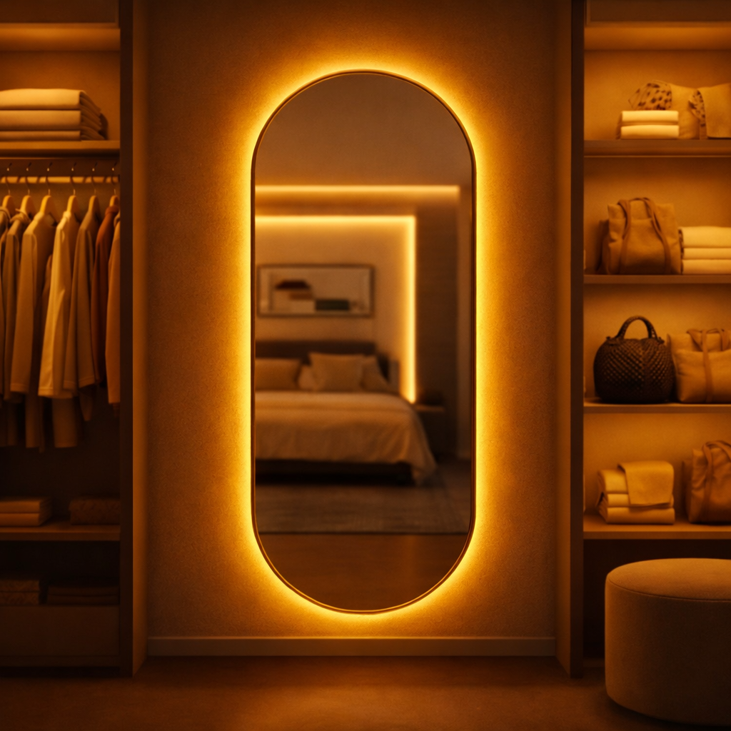 Espelho Oval com LED 150×40 cm — Elegância reta e luz profissional