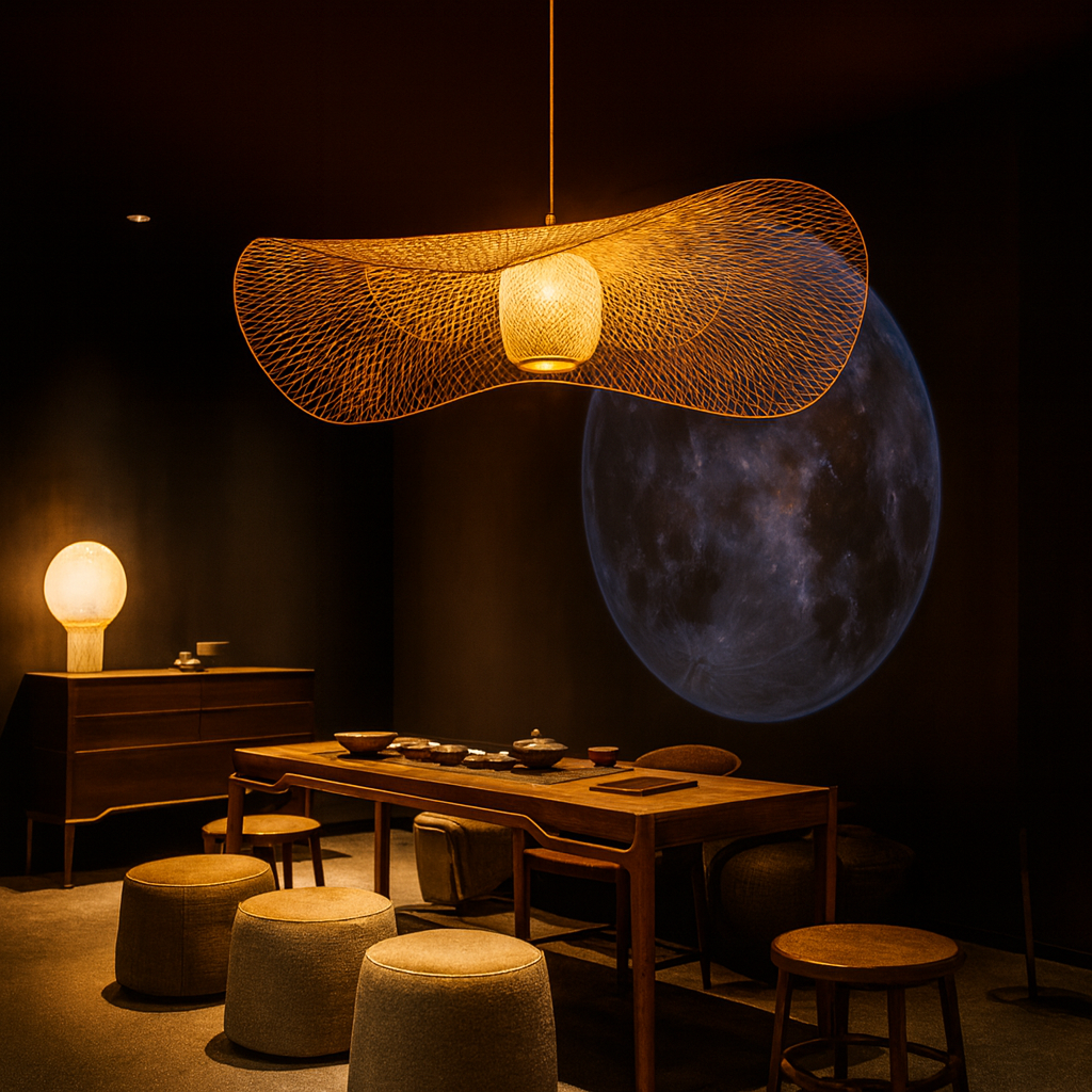 Plafon Bambu Wave — luz orgânica com desenho de sombras